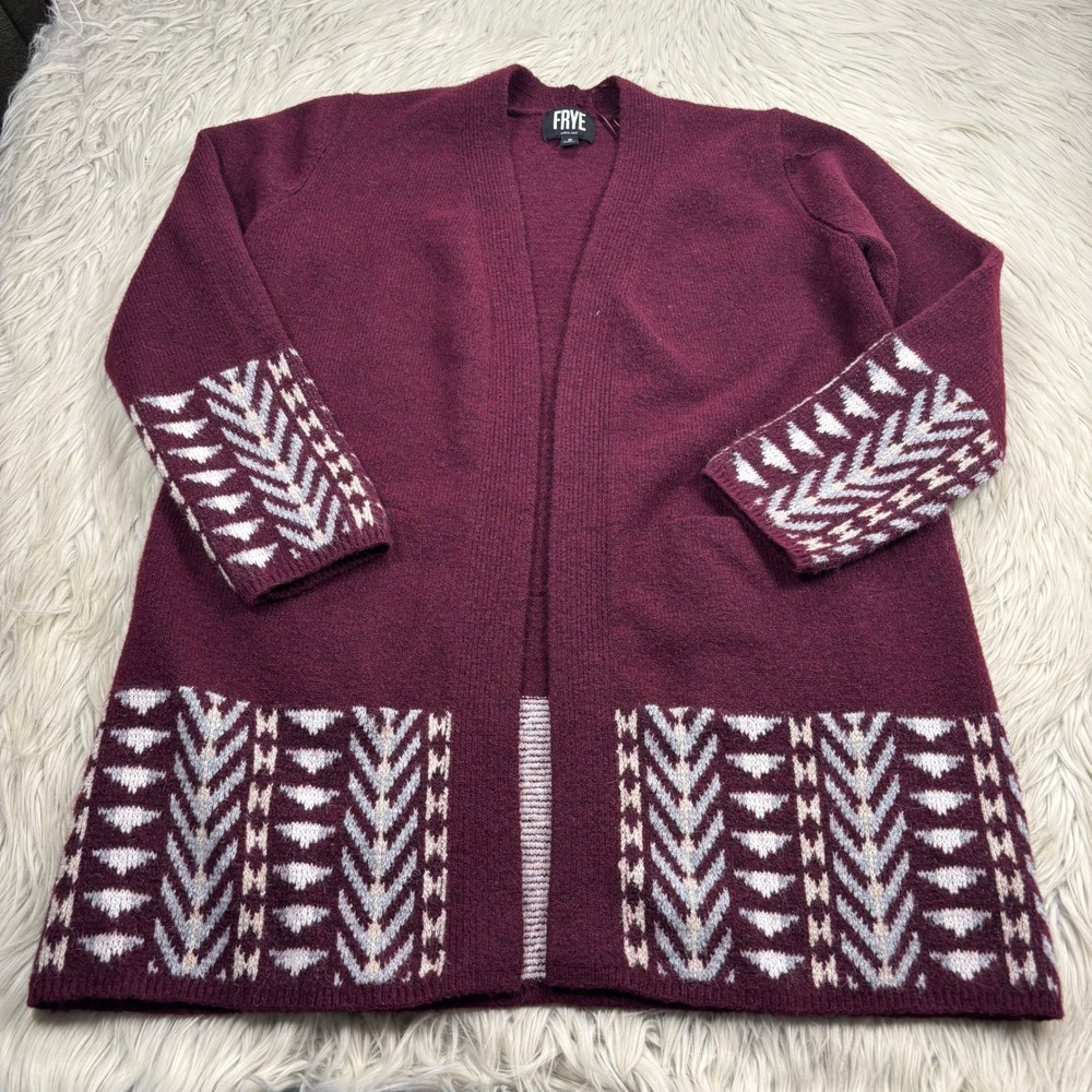 Frye Women's M Burgundy Long Line Open Cardigan Geo Boho Navaho Artsy Cozycore